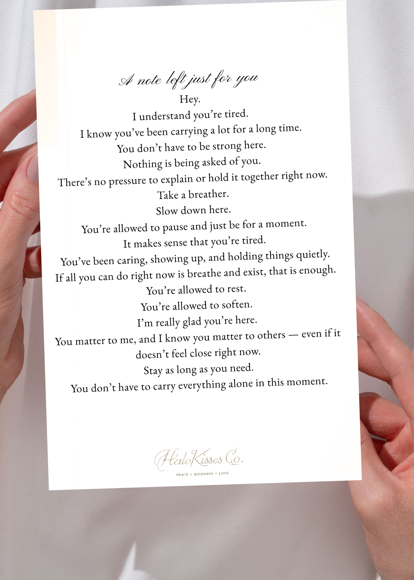 "Minimalist 5x7 printable kindness letter from HaloKisses on off-white paper with charcoal text."