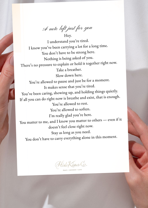 "Minimalist 5x7 printable kindness letter from HaloKisses on off-white paper with charcoal text."